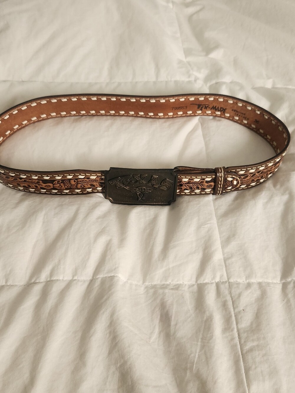 Vintage Tex Made Leather Tooled Belt Brass Buckle Texas Limited Edition